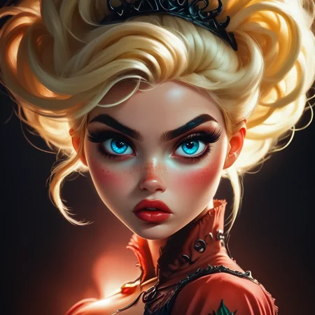 Score_9, score_8_up, score_7_up, score_6_up, BREAK <lora:3D_Fairytales_r2:1> 3D Fairytales, The image shows a woman with blonde hair and blue eyes wearing a red dress set against a dark background. Her face is animated giving the image a dynamic feel., 1girl, solo, blue eyes, eyelashes, makeup, looking at viewer, freckles, glowing, lips, blonde hair