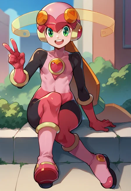 score_9, score_8_up, score_7_up,
<lora:RollexeMaylSakuraiPonybyRR-10:1>, roll.exe_(mega_man), helmet, pink bodysuit, green eyes, long hair, pink gloves, knee boots, pink boots,
1girl, solo, sitting, v, smile, open mouth, full body, looking at viewer,
cowboy shot, outdoors, street,