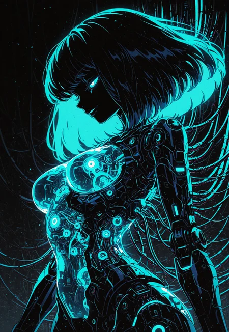 masterpiece, best quality, amazing quality, high resolution, aesthetic, robot girl, ((robot body)), robot joints, proud, medium breasts, wide hips, (big lips:0.6), metal body, medium hair, big hair, glowing blue details, rim lighting, naughty face, scifi, side view,transparent body, thick cables everywhere, machine code, circuitry, DRKWB