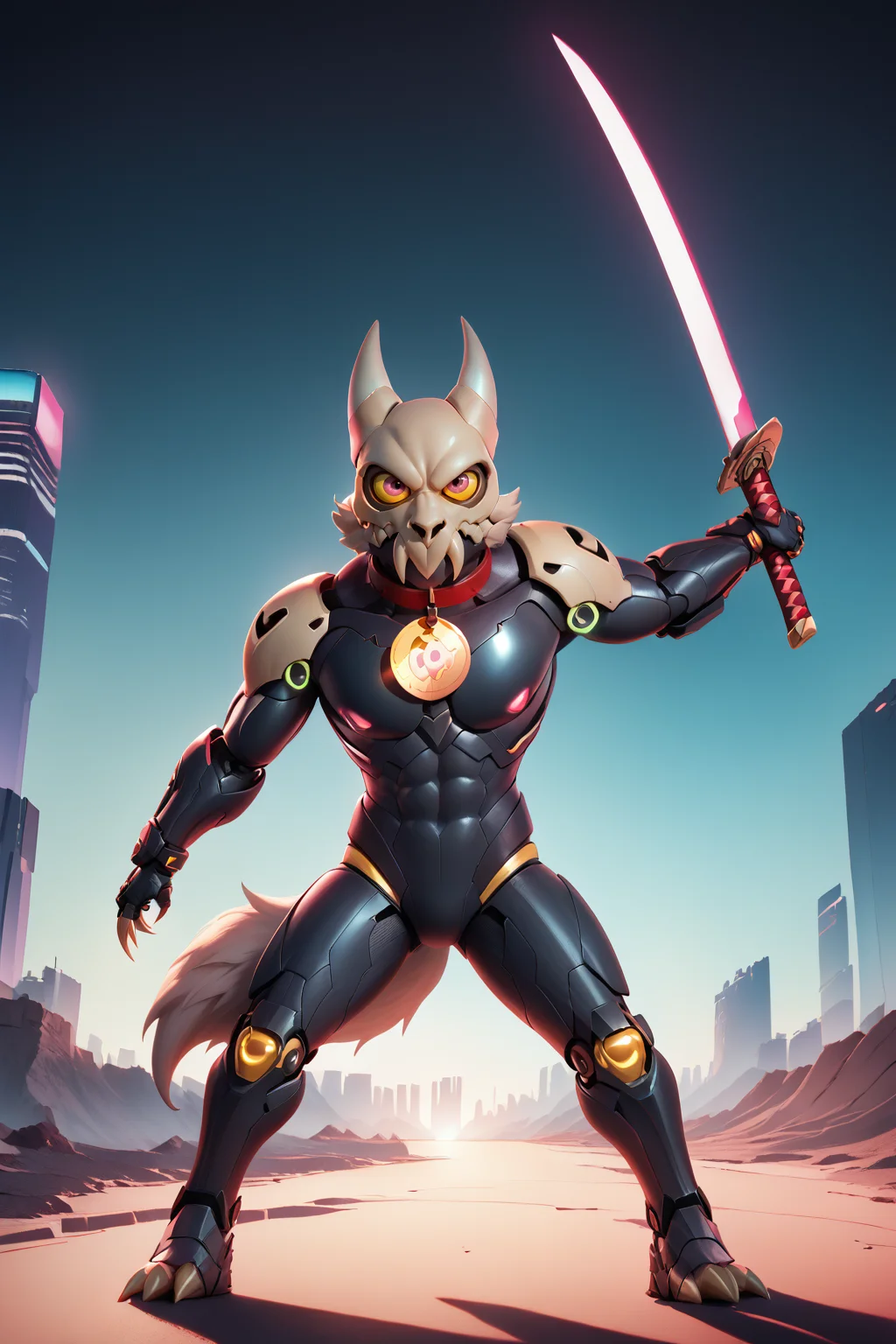 score_9, score_8_up, score_7_up, masterpiece, high quality
<lora:King ClawthornePonyLora:1> 1boy, skull helmet, teeth, pokemon (creature), colored sclera, red collar with circle pet tag, claws, tail, wearing scifi mecha suit, neon trim, amor, holding katana:1.2, sword fighting stance, in a cyberpunk city, muscular, weapon<lora:Style Ultron:1> Ultron Style,Ultron ,warrior <lora:3D_Animation_Diffusion_Pony_style:1> solo