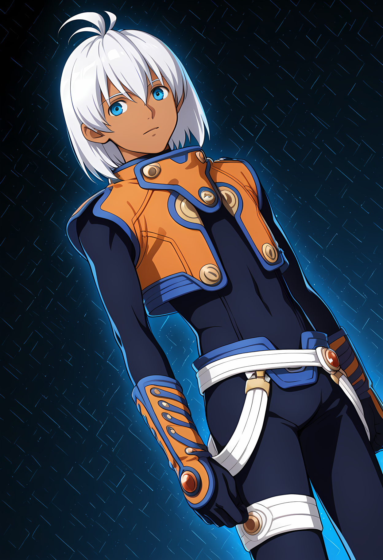 masterpiece, best quality, amazing quality, dutch angle, abstract background, BREAK
1boy, solo, male focus, xen_chaos, white hair, blue eyes, dark skin, bodysuit, orange vest, BREAK
<lora:cfg_scale_boost:.6>  <lora:Chaos_-_Xenosaga_-_ILXL:1>