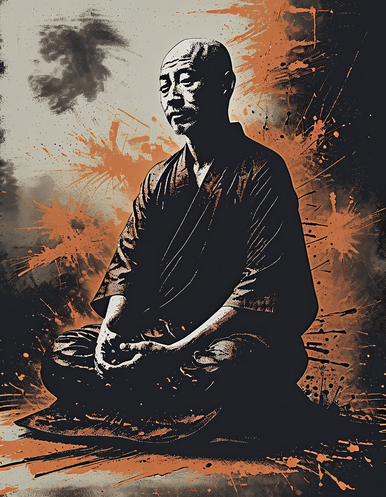 impactful paint of a monk meditating in zen under a tree, highly detailed, professional painterly, high contrast, oversaturated, deep blacks, color splashing, 4k, uhd, masterpiece