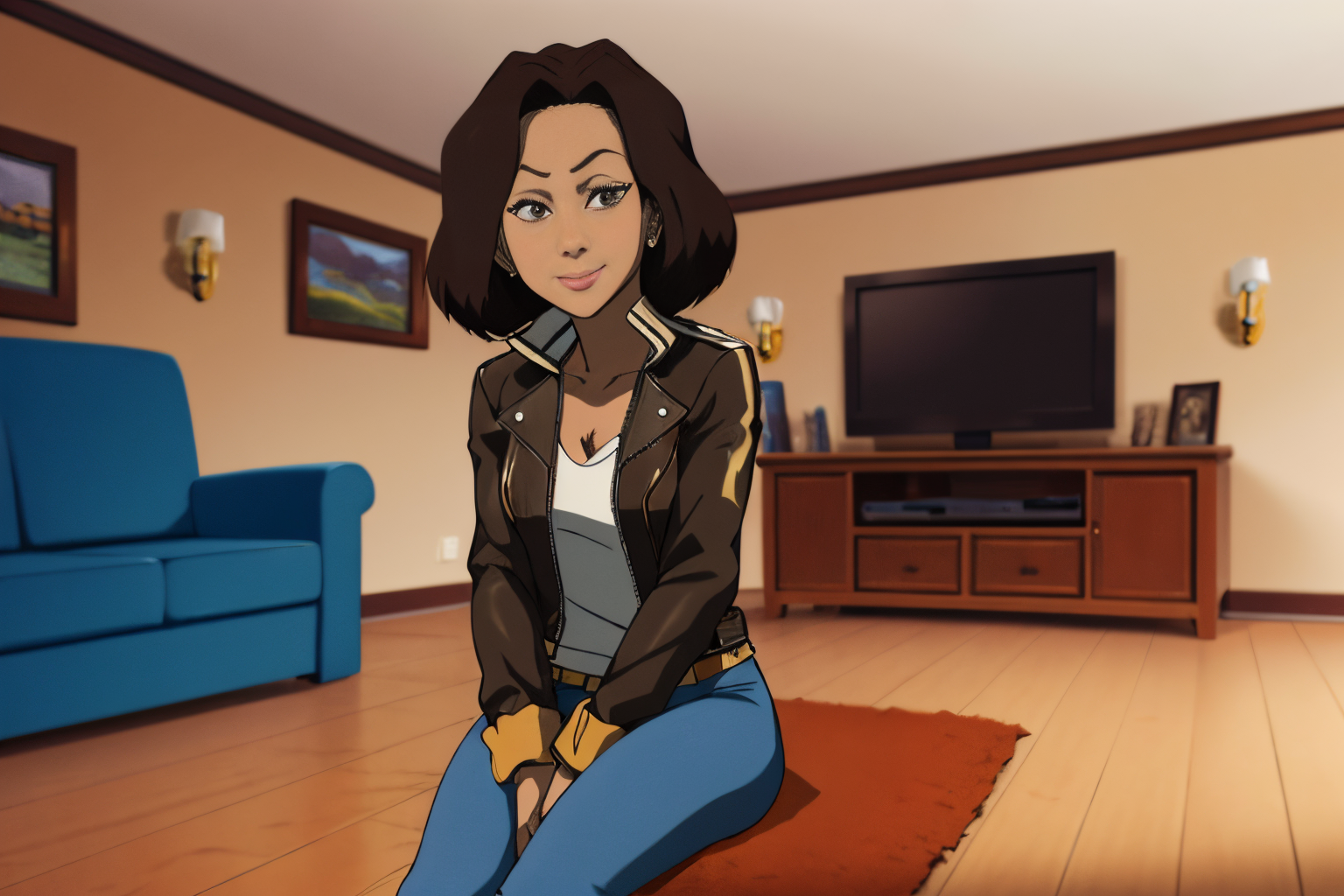 Tagalog (Philippines) 55 years old woman Balayage Afro, in the Home theater, Seated on the floor with legs extended out in a V shape, Leather jacket with jeans, EdobBoondocksArtStyle  <lora:EdobBoondocksArtStyle_v2.0:0.8>
