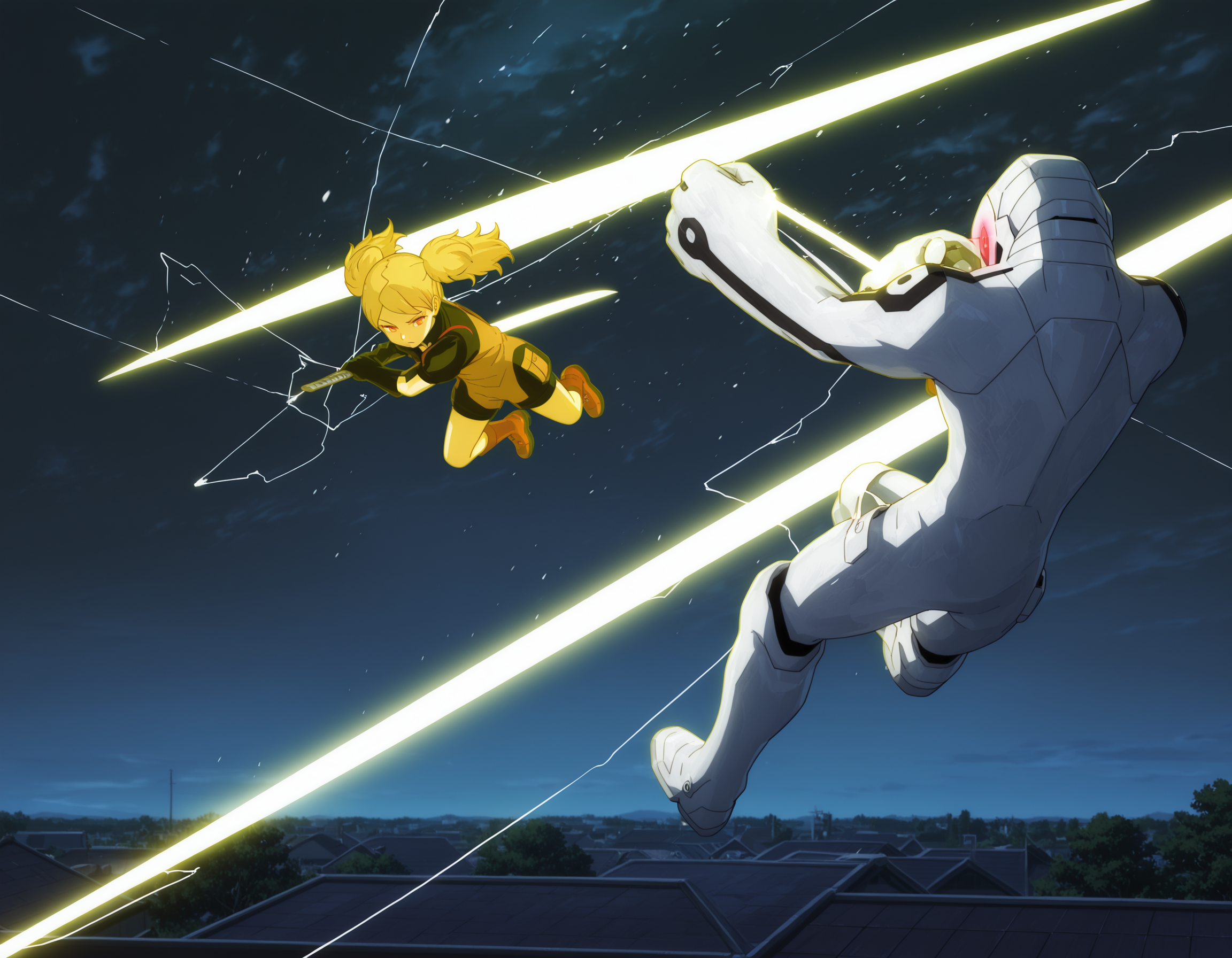 <lora:midis_Kuroefutaba_V1.2[IL]:1>, kuroe futaba, skanda, kogetsu, battle, attack vector, trion loss, trion soldier, 1girl, airborne, swinging, glowing yellow, cutting through a trion soldier,, masterpiece,best quality, very aesthetic,absurdres,newest,