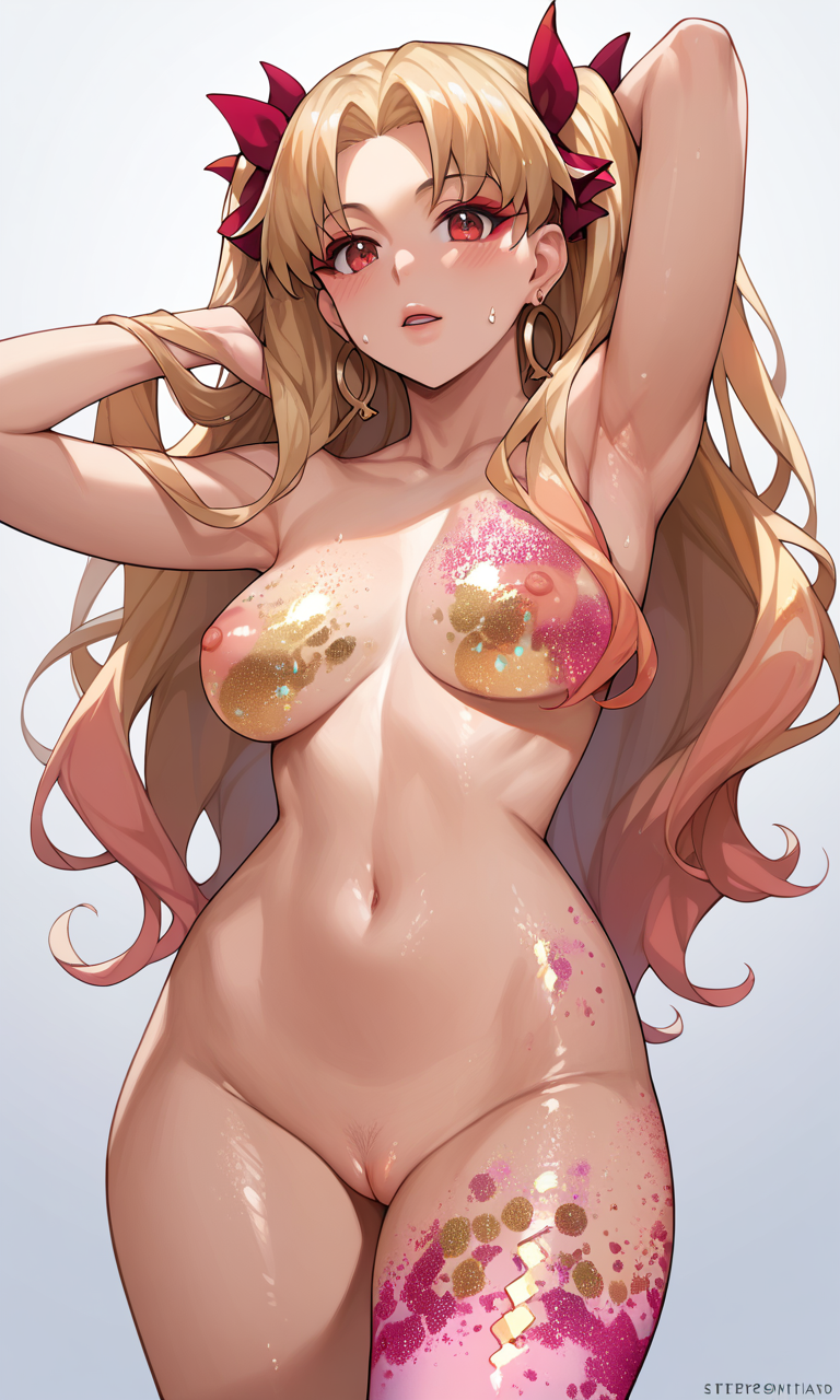 source_anime, ((score_9)),score_8_up,score_7_up,score_6_up,score_5_up,score_4_up, ereshkigal_(fate), 1woman, glitter, makeup, body glitter, body_paint, uncensored, breasts, pussy, 