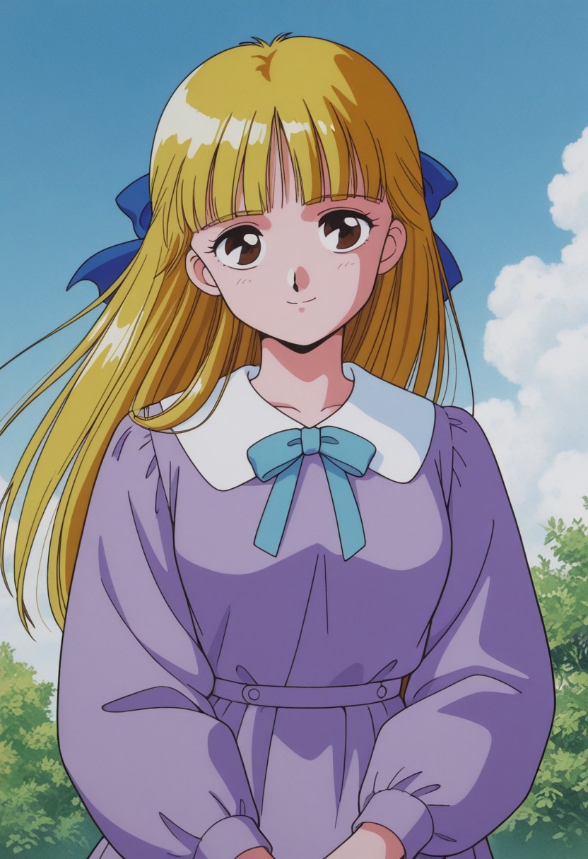 masterpiece, best quality, source_anime,official art,perfect_anatomy,1990s_\(style\),retro_artstyle,chitose,1girl,blonde hair,long hair,bangs,brown eyes,hair bow,purple dress,blue bow,long sleeves,looking_at_viewer,smile,,upper body,day,blue_sky,cloud