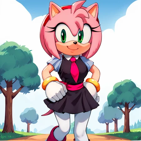 score_9, score_8_up, score_7_up, score_6_up, score_5_up, score_4_up, BREAK, <lora:amyrosesonicxoutfit:1>, arsonicxoutift, black dress, short dress, white pantyhose, pink necktie, pink sash, short sleeves hands on hips, outside, pink boots, animal ears, amy rose, 1girl, animal nose, furry female, pink fur, pink hair, green eyes, solo, furry, outside, trees, clouds, detailed, white gloves, medium breasts, looking at viewer, smile, <lora:Amy_Rose:1> <lora:BoldCAT_P3:1>