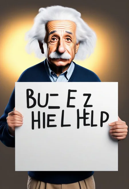 <lora:PE_HoldingSign:0.8> PEHoldingSign, sad face,
professor einstein holding a sign that says buzz help please