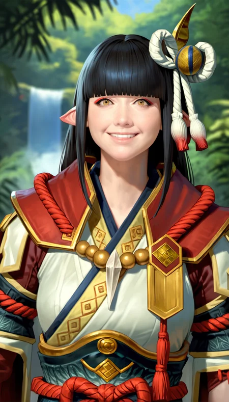 score_9,score_8_up,score_7_up,
<lora:hinoa:0.9>,
mhhinoa,
photorealistic,
1girl,solo,black hair,long hair,blunt bangs,hair ornament,yellow eyes,looking at viewer,smile,pointy ears,red and white short cape,shoulder necklace,white japanese robe top,deep red undershirt,detached sleeves,portrait,blurry background,outdoors,jungle,blue sky,waterfall in background,