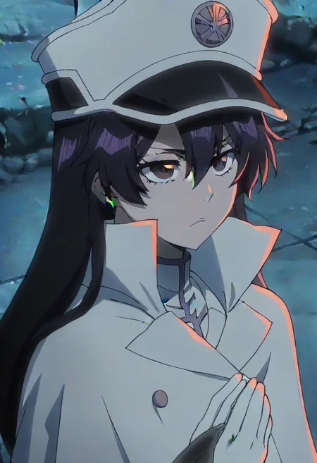 source_anime, anime screencap, anime coloring, nsfw, uncensored, <lora:Bambietta_Basterbine:1>Long hair, black hair, hair between eyes, dark purple eyes,, hat, peaked cap, white headwear, white gloves,
