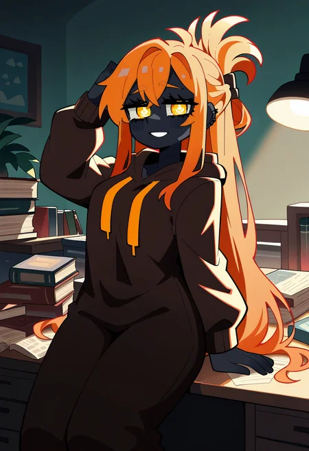 1girl,   orange hair, very long hair,  folded ponytail,   cyan eye, tiny breasts, completely black skin,   
BREAK   1girl, hands, arms up,      
BREAK              Kigurumi,  books, messy desk, desk lamp,    
BREAK, (vanripper:1.1), (bloom2425:0.9), uekura eku, thick outlines, masterpiece, best quality, very aesthetic, absurdres, highres, very awa, newest, <lora:ponyv5_noobV065S_1_adamW:0.7>, <lora:lora:0.45>