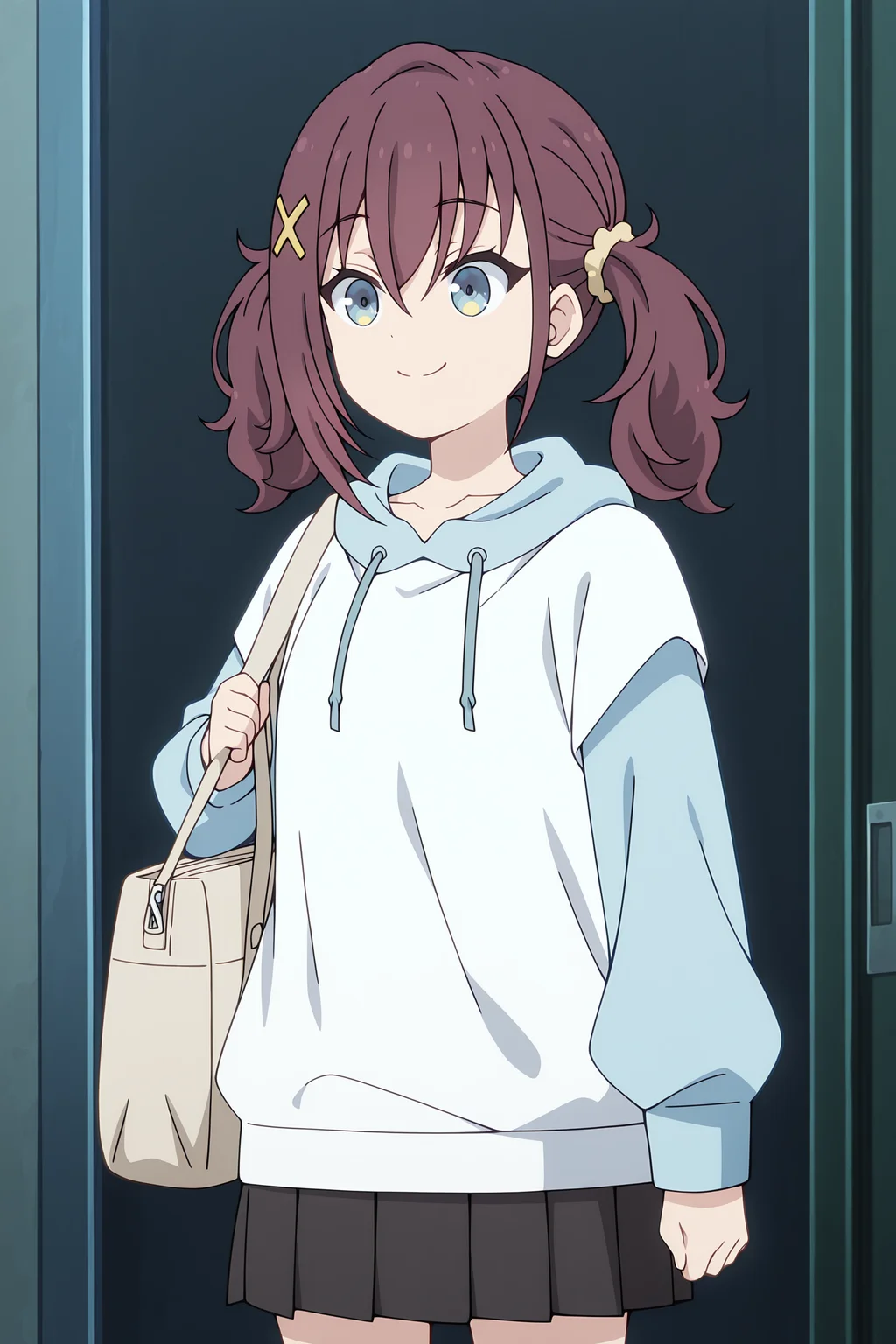 volumetric lighting, official style, amazing quality, ultra detailed, highres, detailed background, anime screenshot, anime screencap, anime coloring, masterpiece, detailed face,1girl <lora:Kurea_Furutachi__-20:0.9> Kurea_Furutachi, Kurea_Furutachi(Outfit 4), skirt, twintails, solo, bag, hood, hair ornament, smile, blue hoodie with white shirt , pleated skirt, black skirt, brown hair, shoulder bag, blue eyes, x hair ornament, scrunchie, long sleeves, closed mouth, hair between eyes, yellow scrunchie, bangs, hood down, white hoodie, hairclip, blue hoodie