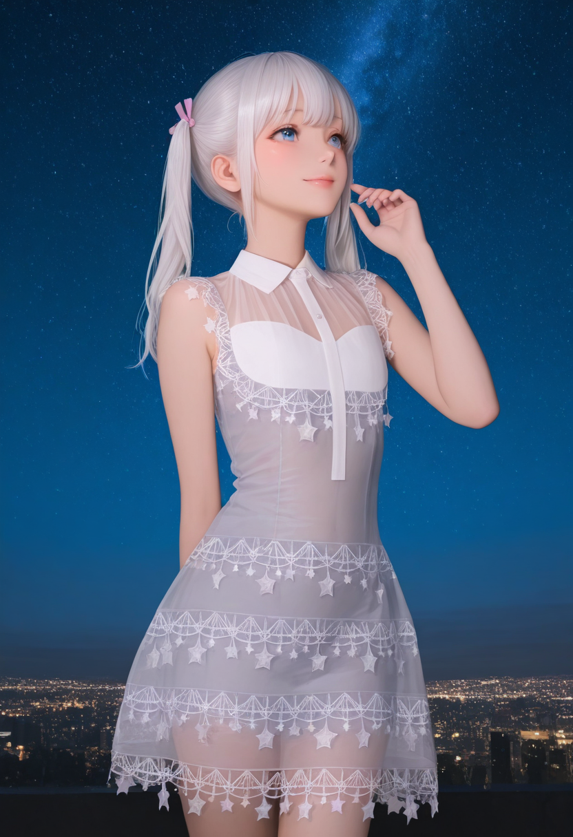 masterpiece,best quality,ultra high res,photorealistic,8K UHD,hyper-detailed,
1girl,solo,
Komako Semenobitch,white hair, twintails, blue_eyes,flat chest, short body,
sleeveless star print dress,
star \(symbol\),see-through,ribbon,short_dress, 
cowboy_shot,
(cityscape:0.7),blustar_sky, 
standing,night,smile,looking_at_another,(looking up:0.7),   

 






