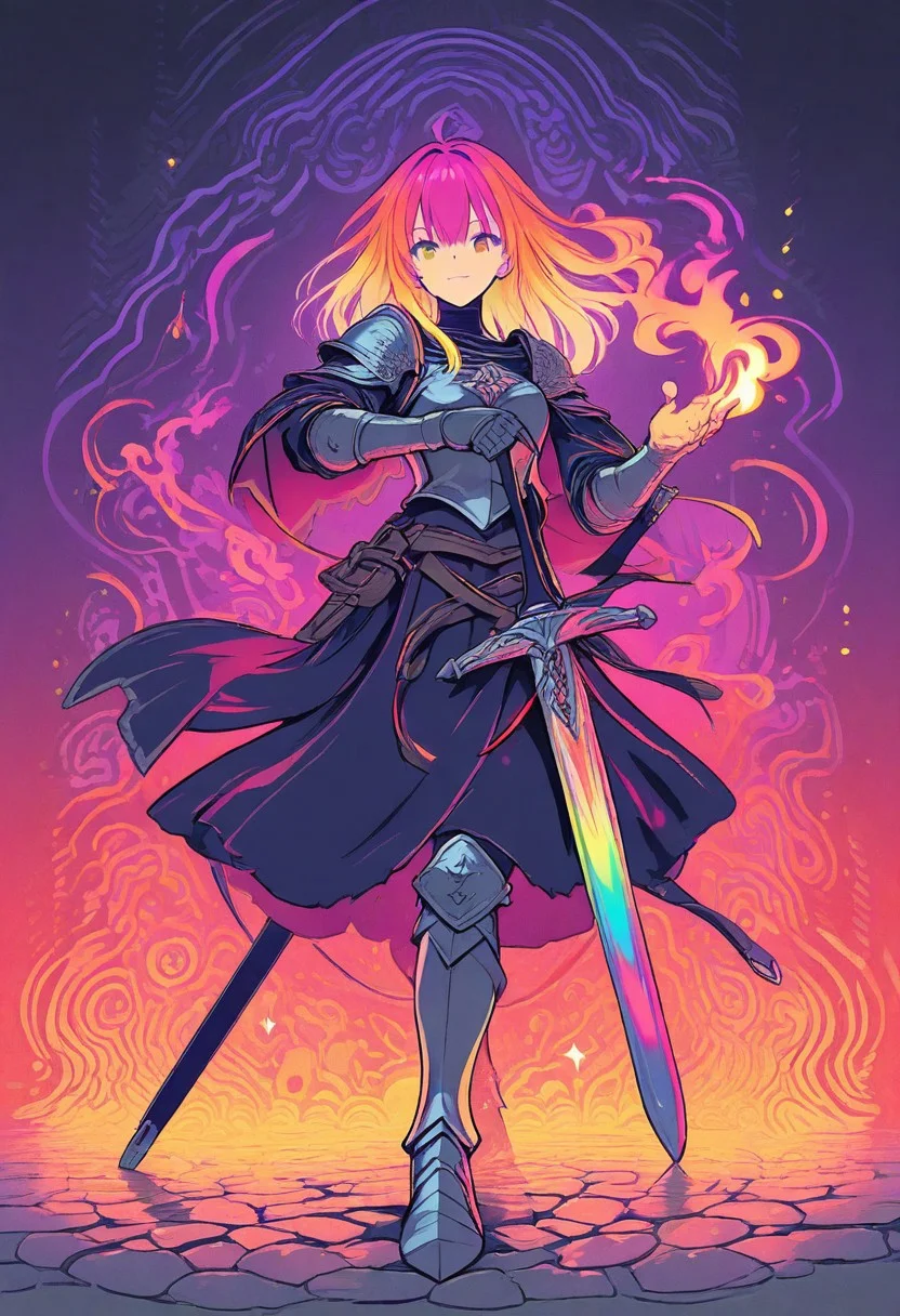 an illustration of a medieval sword incrusted on a stone bathed in a neon colorful flame.
