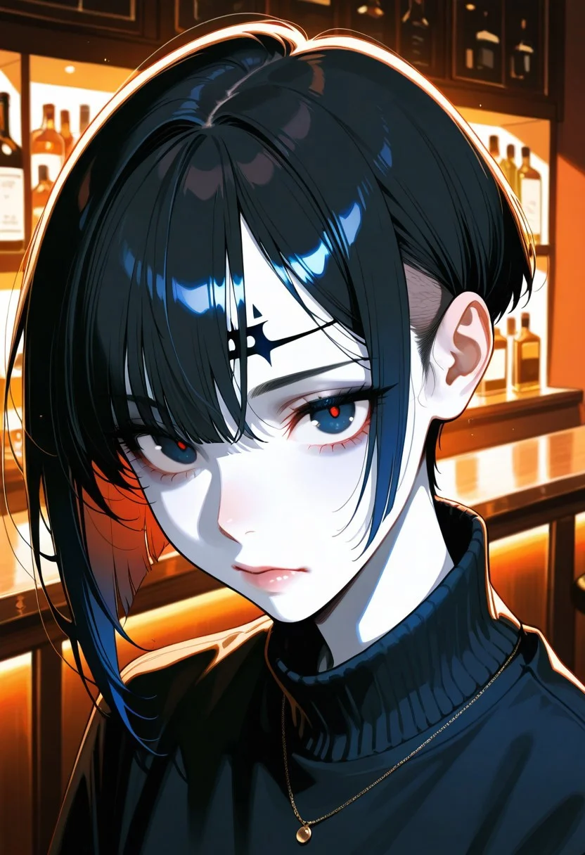 art-style, masterpiece, best quality, very aesthetic, dynamic angle, different pose, bar counter, japanese bar background , full body, (high-contrast portrait), (stylized photo:1.2), pale-skinned androgynous person, soft feminine facial structure, short asymmetrical haircut, undercut on sides, black hair with long side bangs dyed dark blue, wispy bangs on forehead, expressive sharp chin, glowing pale skin, close-up, dim ambient lighting, minimal background detail, fashion editorial look, moody atmosphere, digital photography, ultra detailed, soft shadows