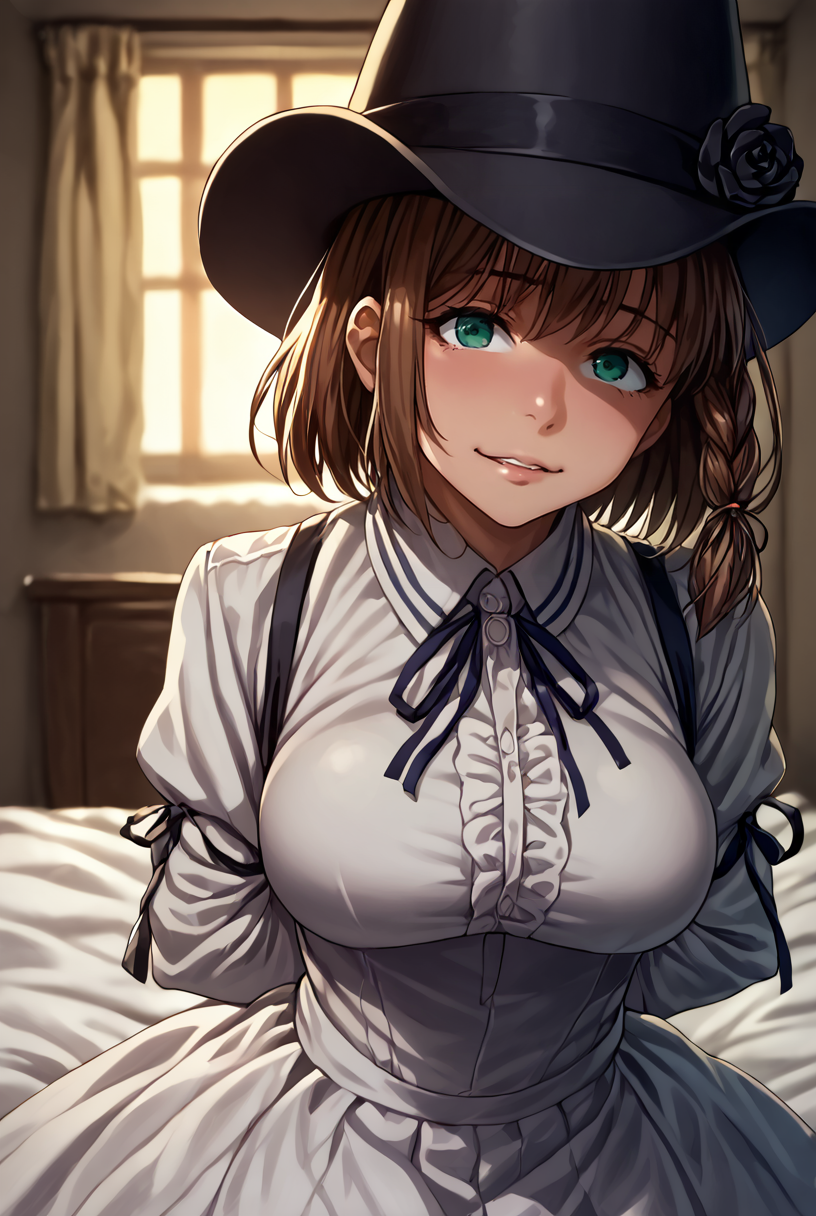 score_9, score_8_up, score_7_up,BREAK source_anime
masterpiece,8k,uncensored,(highres:1.3),high resolution, unity 8k wallpaper, detailed face, detailed CG, (perfect hands:1.5, perfect anatomy), (high quality, best quality) (curvy:1.2)(shiny skin:1.4) (oily skin:1.4)
evil smile, gesugao, shaded face, wide_smile,
bed, bedroom, downblouse,
standing, legs together, arm behind back, holding knife,lying on man,on stomach, pov,
 <lora:charlotte_corday:1>short hair, brown hair, braid, green eyes, hat, white shirt, long sleeves, ribbon, red flower, black flower, white skirt.     
 <lora:tasaka_shinnosuke XL:0.8>