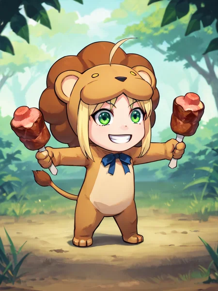 score_9, score_8_up, source_anime, masterpiece,
saberLion, solo, lion costume, chibi, blonde hair, green eyes, holding food, boned meat, dual wielding, crazy smile,
kawaii,
jungle,
<lora:saber lion test0.1:0.7> <lora:DanielRadcliffeHoldingTwoGunsMeme_pdxl_Incrs_v1:0.9>