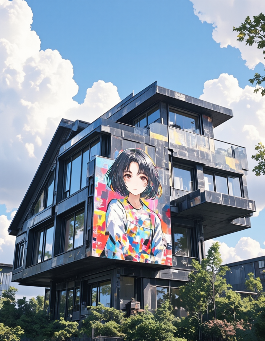 <lora:CWWalls1fluxb:1> wabkg, realistic world, photo. On the surface of a geometric futuristic sci-fi design house with minimalistic style, angular shapes, reflective glass surfaces, diagonal beams, industrial aesthetic, there is a colorful painting of a japanese animation woman. Portrait. No paint on windows. Windows cutout. Day with blue sky and white clouds. From low angle. From side. Vegetation.