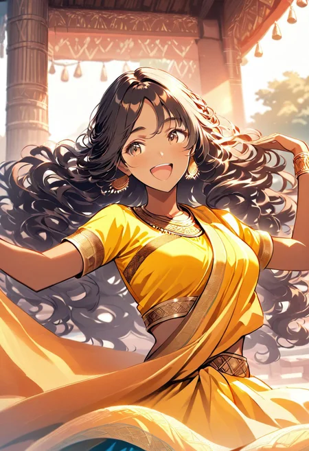 masterpiece, best quality, amazing quality, girl, brown skin, tan skin, perfect brown eyes, very long black hair, wavy hair, whispy bangs, medium breasts, 8k, highest quality, ultra details,1girl, solo,
yellow Sari, saree, Indian Girl, Traditional Indian Clothes, Brown Skin, dancing, holding sari, laughing, happy, summer season,beautiful indian village, outdoors, warm colors, warm lighting