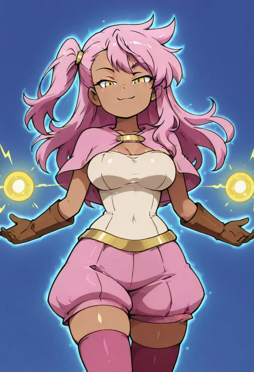 masterpiece, best quality, solo, curvy, beautiful eyes, narrow waist, large breasts, 1girl, solo, smile, looking at viewer, zzKuro, yellow eyes, pink hair, long hair, one side up, dark skin, capelet, white shirt, brown gloves, puffy shorts, pink thighhighs, zettai ryouiki, ,
,vivid aura, looking at viewer, blue background, smug, aura, super saiyan, charging energy, energy ball, energy, lightning,