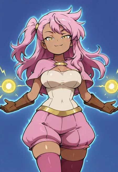 masterpiece, best quality, solo, curvy, beautiful eyes, narrow waist, large breasts, 1girl, solo, smile, looking at viewer, zzKuro, yellow eyes, pink hair, long hair, one side up, dark skin, capelet, white shirt, brown gloves, puffy shorts, pink thighhighs, zettai ryouiki, ,
,vivid aura, looking at viewer, blue background, smug, aura, super saiyan, charging energy, energy ball, energy, lightning,