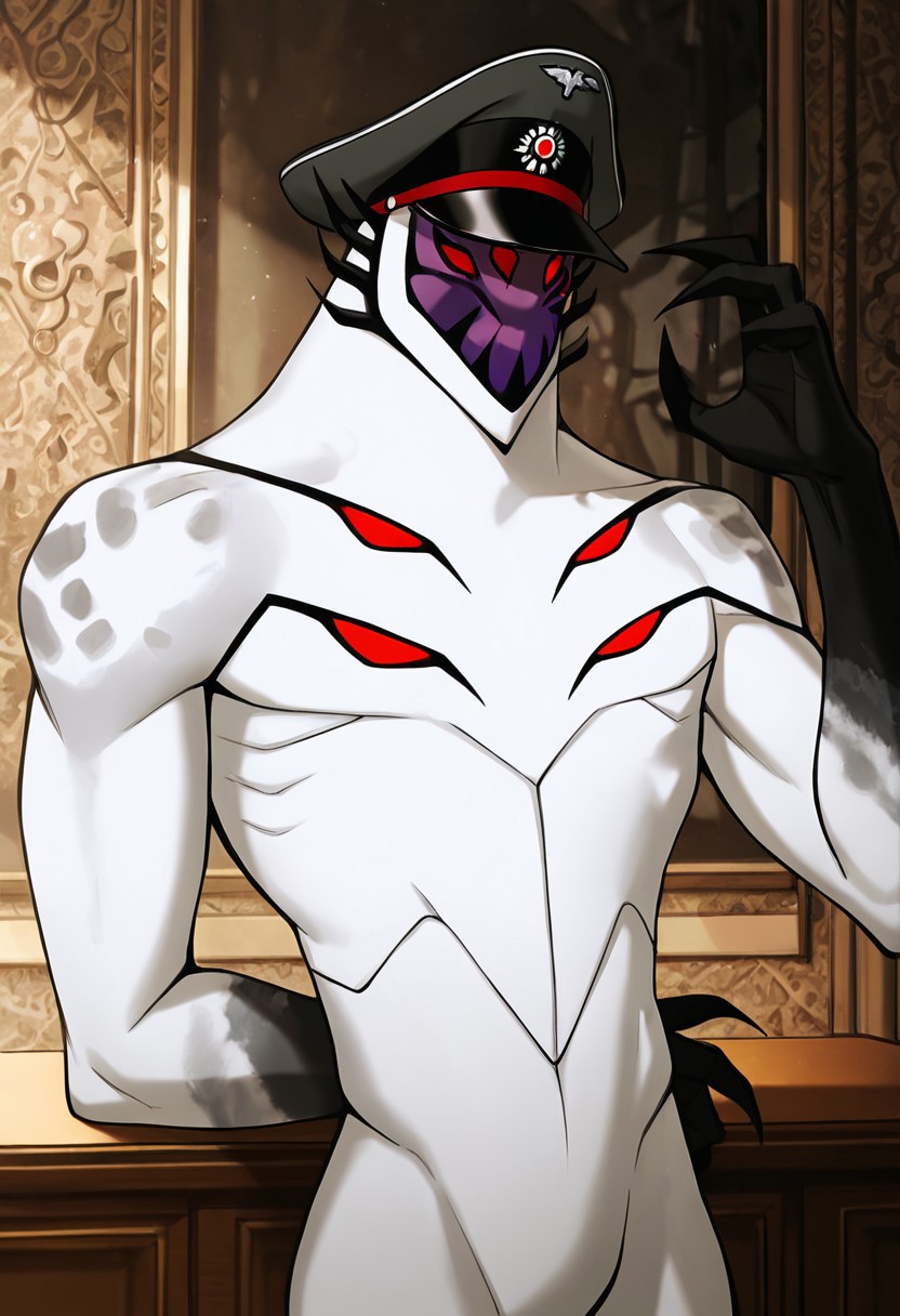 masterpiece, best quality, amazing quality, very aesthetic, absurdres, newest,, detailed background, 
highbreed, extra eyes, solo, alien, white skin, purple face, , monster, red eyes, black hands, , claws, black head spikes, white body,
grey shoulders, grey upper body, arm behind back,  hat, german war hat, german general hat, one arm raised, podium,
