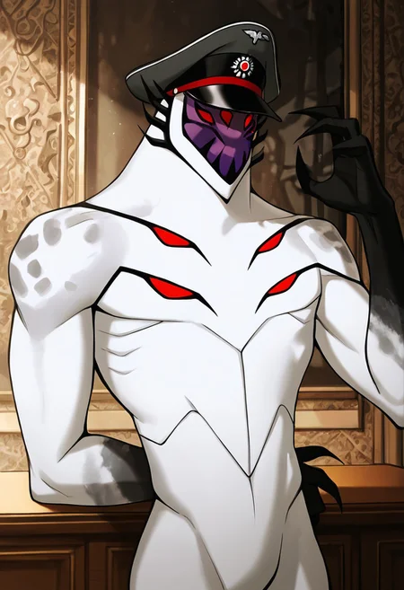 masterpiece, best quality, amazing quality, very aesthetic, absurdres, newest,, detailed background,
highbreed, extra eyes, solo, alien, white skin, purple face, , monster, red eyes, black hands, , claws, black head spikes, white body,
grey shoulders, grey upper body, arm behind back, hat, german war hat, german general hat, one arm raised, podium,