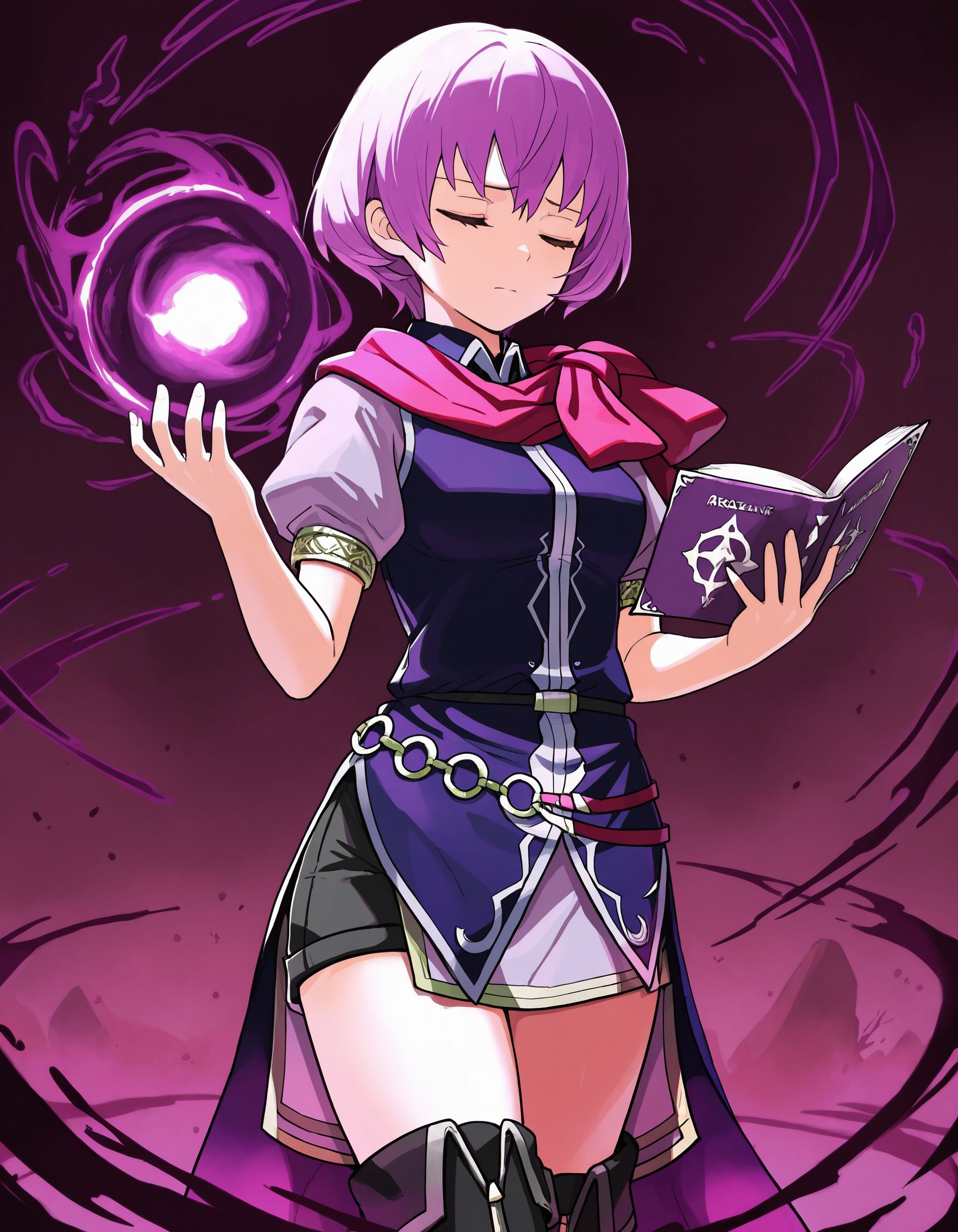 1girl,<lora:katarina feh_illustriousXL:0.8>,katarina feh,scarf,purple dress,black belt,o-ring belt,black shorts,thigh boots,cowboy shot,standing,serious,sad,closed eyes,holding book,open book,purple book,dark effects,dark magic,looking at viewer,masterpiece,best quality,amazing quality,