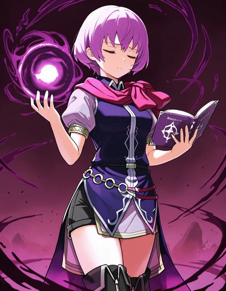 1girl,<lora:katarina feh_illustriousXL:0.8>,katarina feh,scarf,purple dress,black belt,o-ring belt,black shorts,thigh boots,cowboy shot,standing,serious,sad,closed eyes,holding book,open book,purple book,dark effects,dark magic,looking at viewer,masterpiece,best quality,amazing quality,