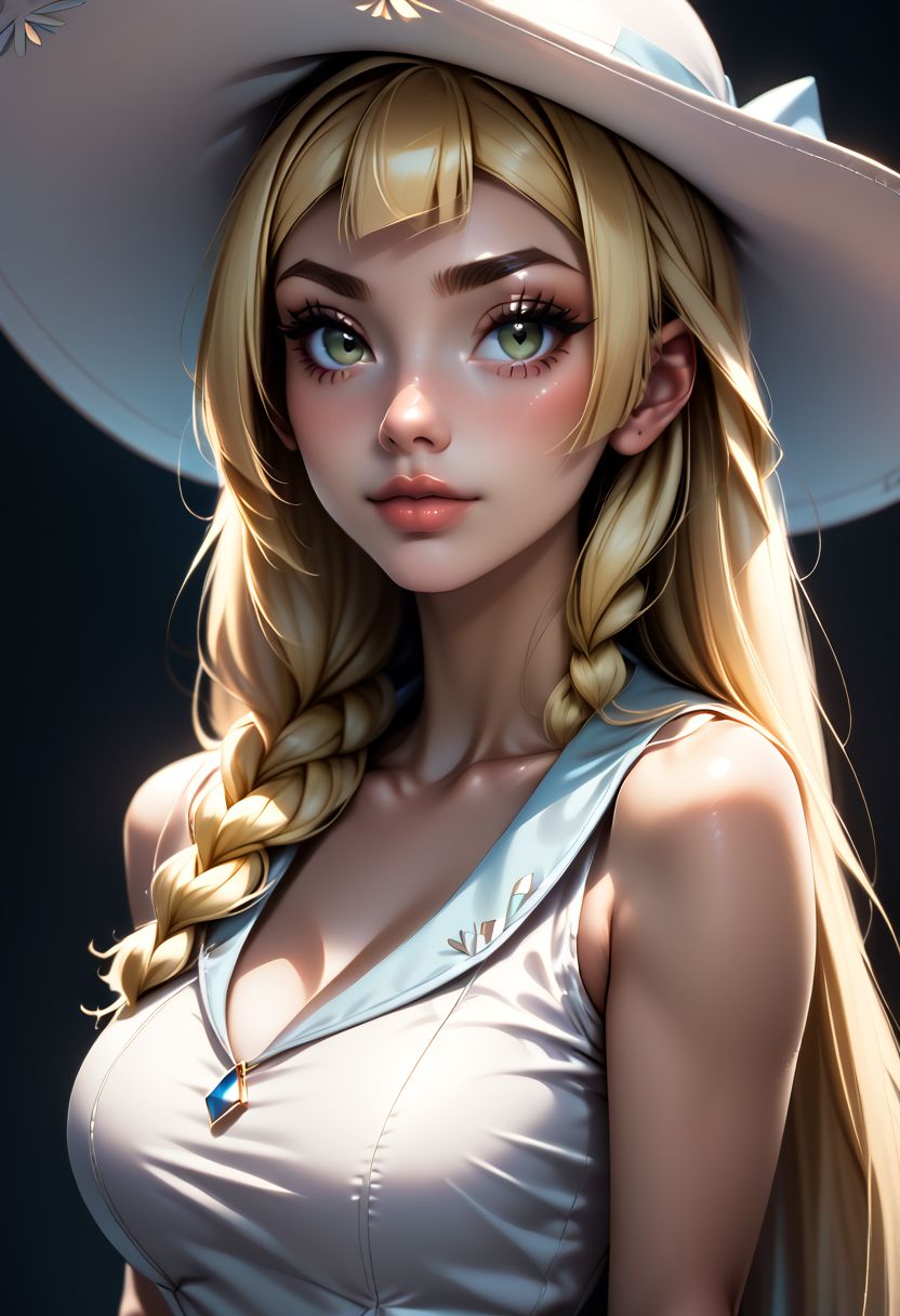 score_9, score_8_up, score_7_up, score_6_up, score_5_up, score_4_up score_9,score_8_up, digital art, upper body shot, realistic 3D illustration, 
zzlillie, long hair, braid, sun hat, white headwear, collarbone, sleeveless dress, white dress,
, soft lighting, contemplative expression, dark background, subtle makeup, high-resolution, detailed texture, emotional depth, dramatic mood, side profile, serene atmosphere, cinematic lighting. perfectly round breasts, big breasts, firm breasts, SkinHairDetail, eye contact