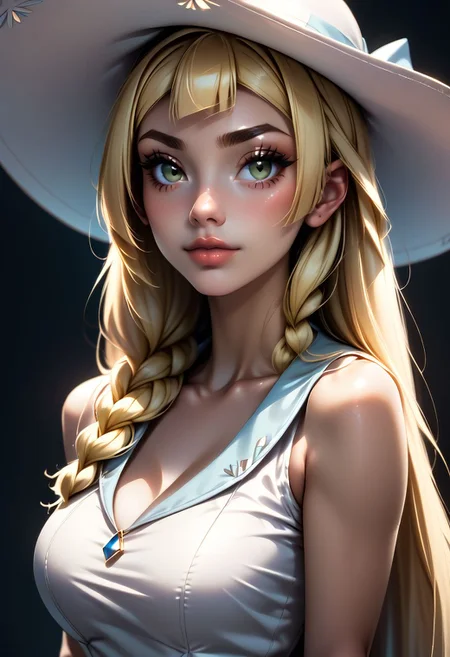 score_9, score_8_up, score_7_up, score_6_up, score_5_up, score_4_up score_9,score_8_up, digital art, upper body shot, realistic 3D illustration,
zzlillie, long hair, braid, sun hat, white headwear, collarbone, sleeveless dress, white dress,
, soft lighting, contemplative expression, dark background, subtle makeup, high-resolution, detailed texture, emotional depth, dramatic mood, side profile, serene atmosphere, cinematic lighting. perfectly round breasts, big breasts, firm breasts, SkinHairDetail, eye contact