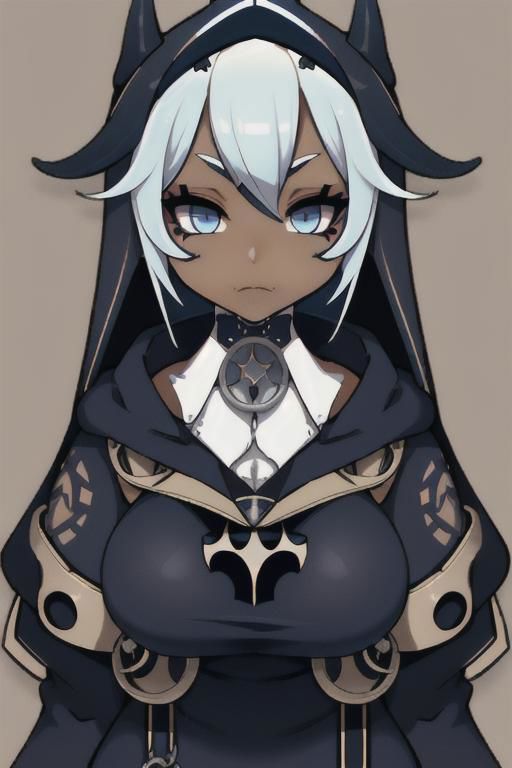 Devil, horns, body mods, huge breasts, thick thighs, muscular, ((dark tan skin)), white hair, ((navy hair streaks)), short spiky scene hair, slanted blue eyes,blue tribal cloud tattoos, non human, monster girl, bad ass, ((nun)), huge fluffy white scarf, (( hooded jumpsuit)), ((steampunk)), ((y2k aesthetic)), black, white, navy, light blue, 3d render, chibi, ((Kaeya Alberich inspired outfit)), poofy hair, eyeliner, emo, emo makeup, goth, wrench_genshin_style, chara-sheet