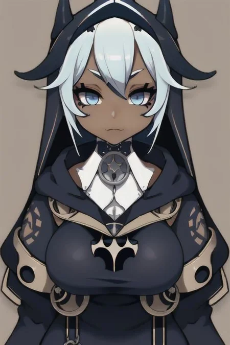 Devil, horns, body mods, huge breasts, thick thighs, muscular, ((dark tan skin)), white hair, ((navy hair streaks)), short spiky scene hair, slanted blue eyes,blue tribal cloud tattoos, non human, monster girl, bad ass, ((nun)), huge fluffy white scarf, (( hooded jumpsuit)), ((steampunk)), ((y2k aesthetic)), black, white, navy, light blue, 3d render, chibi, ((Kaeya Alberich inspired outfit)), poofy hair, eyeliner, emo, emo makeup, goth, wrench_genshin_style, chara-sheet
