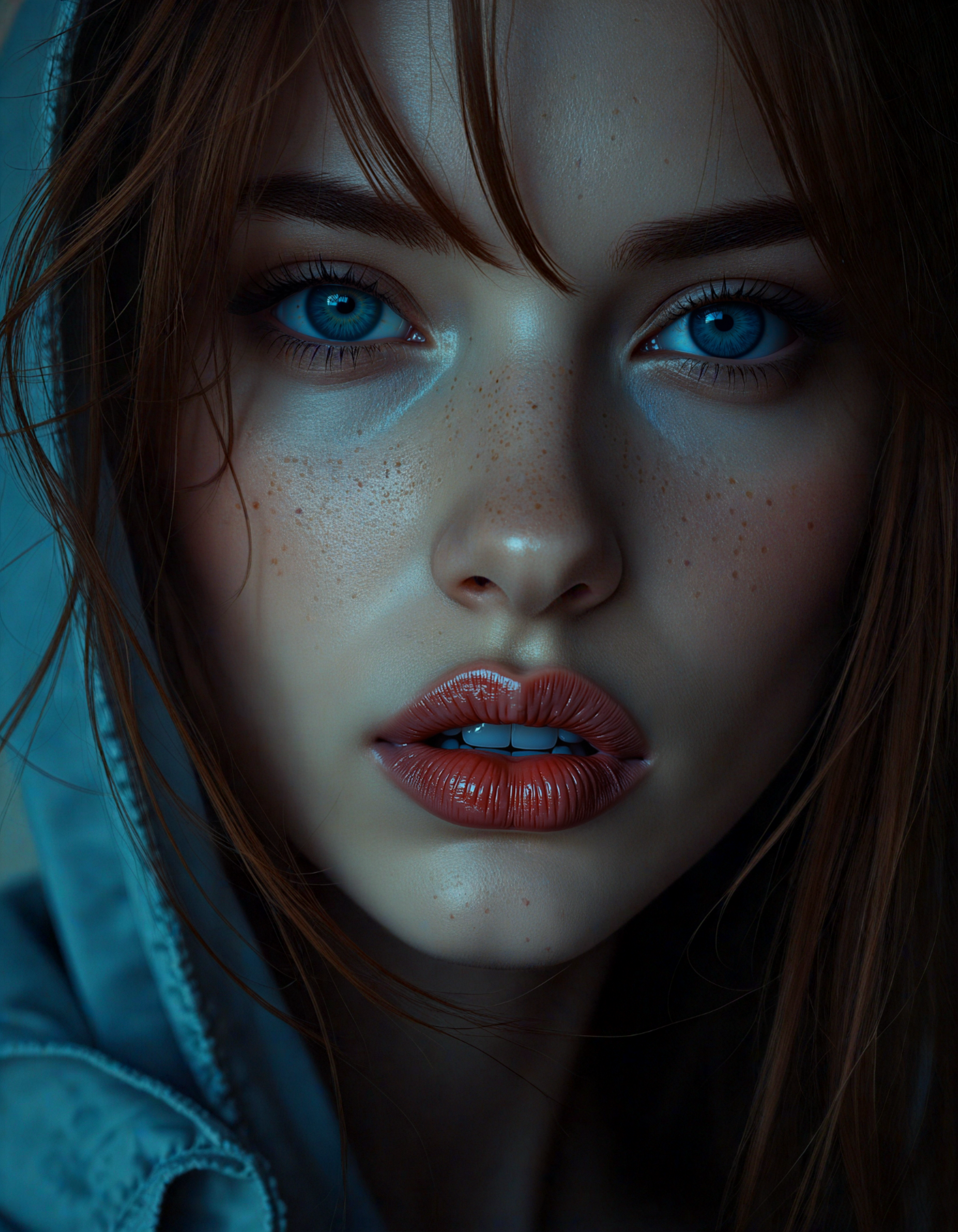hyperrealistic art (dark mood masterpiece Photography:1.2), portrait of a mysterious woman with blue eyes and bold eyeliner, she has sensuous lips, looking seductively, naughty, shy smirking. The extreme realism focuses on her detailed skin, showing fine textures and natural highlights. photography masterpiece, modern, irresistible beauty, fuzzy lighting, dark mood, unusual composition, use of negative space, (rule of thirds composition), simmetry , mysteriouse, emotional, flirting, (fine erotic content:0.65), groundbreaking unrivaled opus with unrivaled details, (Neon Orange color scheme), highly detailed, melancholic, low-light hyper detailed photography, catchlights, style by Luis Royo . extremely high-resolution details, photographic, realism pushed to extreme, fine texture, incredibly lifelike, extreme close-up shot,close-up,style by luis royo . extremely high-resolution details, photographic, realism pushed to extreme, fine texture, incredibly lifelike
