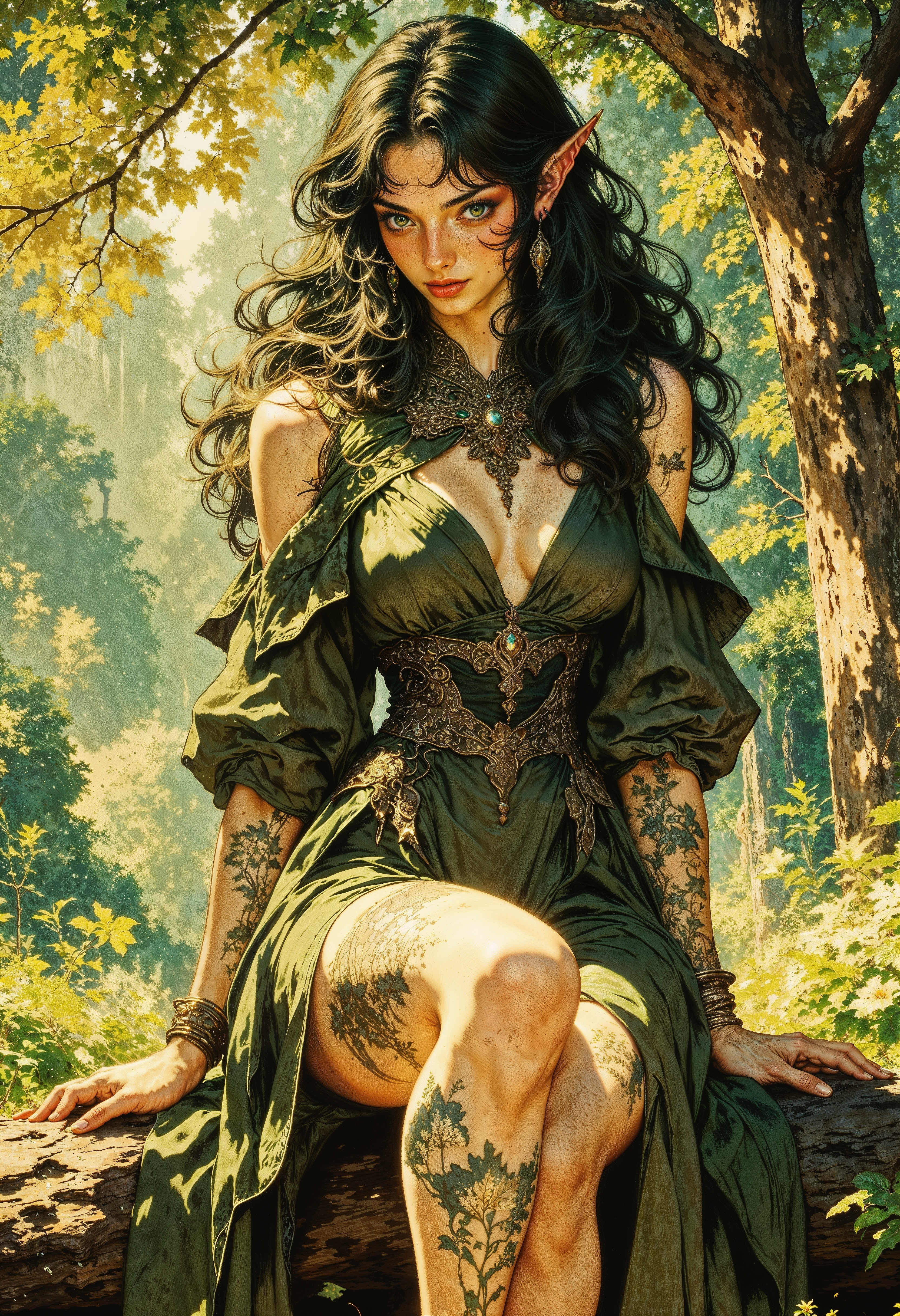 a fantasy-style depiction of an elf-like character in a lush forest setting. The character has long, dark green hair and pointed ears, with fair skin. She is wearing a form-fitting, green dress adorned with leaf patterns, which blends seamlessly with the surrounding foliage. Her facial features are delicate and expressive, with a slight smile. The background is a vibrant forest with sunlight filtering through the trees, casting dappled light on the character. The overall color palette is rich in greens and browns, enhancing the natural, mystical atmosphere. The character's pose is relaxed, sitting on a log with one leg slightly raised, revealing a detailed tattoo of flowers and leaves on her thigh. The artwork is highly detailed, emphasizing the interplay of light and shadow, and the intricate design of the character's attire and surroundings.