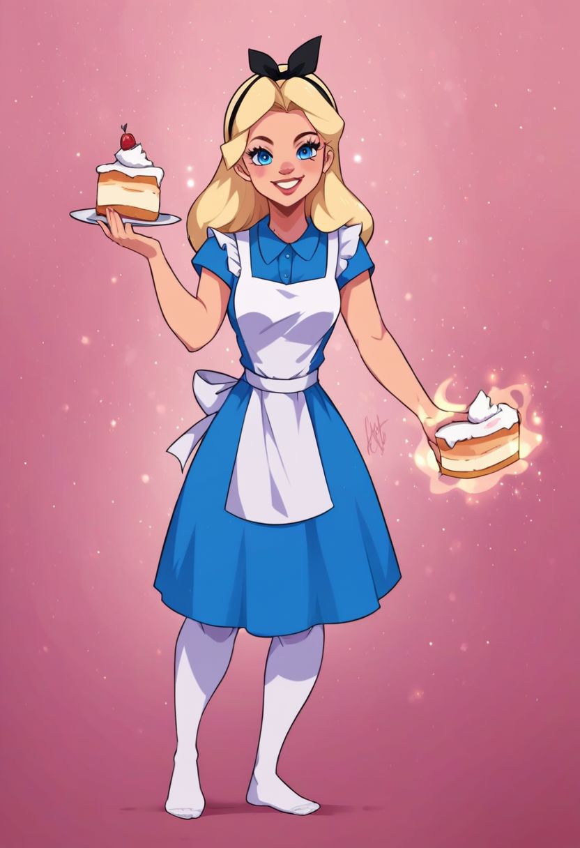, anibody, FULL BODY, IN FRONT
,core_9, score_8_up, score_7_up, score_6_up, AliceWaifu in a magic murshroom world, magic particles, leaning forward, cute pose, medium breasts, narrow waist, wide hips, thick thighs, cinematic, naughty face, smile, blue eyes, blue dress, white pantyhose, apron, black hairband, blonde, disney style, looking at viewer, realistic, cute, holding a cake, detailed landscape, cowboy shot, <lora:AliceInWonderlandXLPony_character-10V2:0.7> <lora:KajinmanLycoXL:0.75>
