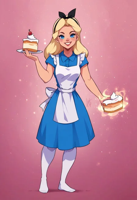 , anibody, FULL BODY, IN FRONT
,core_9, score_8_up, score_7_up, score_6_up, AliceWaifu in a magic murshroom world, magic particles, leaning forward, cute pose, medium breasts, narrow waist, wide hips, thick thighs, cinematic, naughty face, smile, blue eyes, blue dress, white pantyhose, apron, black hairband, blonde, disney style, looking at viewer, realistic, cute, holding a cake, detailed landscape, cowboy shot, <lora:AliceInWonderlandXLPony_character-10V2:0.7> <lora:KajinmanLycoXL:0.75>