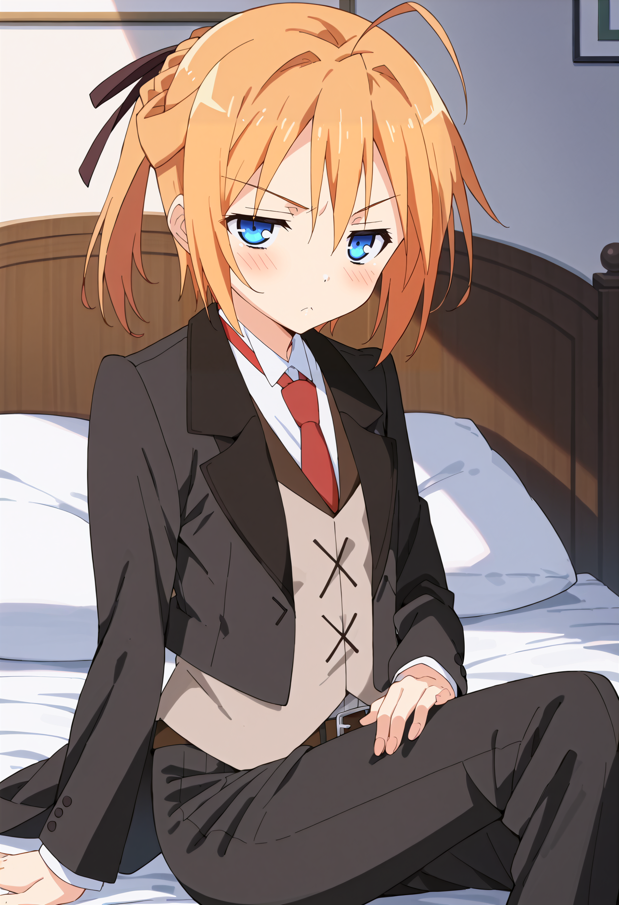 score_9, score_8_up, score_7_up, source_anime, rating_safe  <lora:ksubaru_PONY-300007:0.95> ksubaru, 1girl, anime coloring, solo, short hair, short ponytail, hair ribbon,orange hair, blonde hair, ahoge,blue eyes, blazer, dress shirt,red necktie, vest,  pants, formal, suit, belt, blush, half-closed eyes, frown,hand on own chest, hand on own thigh, sitting, bed, looking at viewer, from side, indoors,