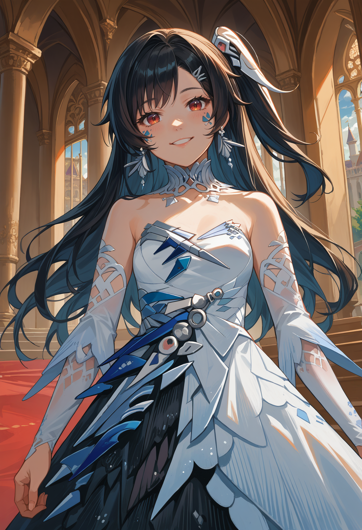 score_9, score_8_up, source_anime, 1girl, solo, LuciaRipplets, long hair, one side up, earrings, facial mark, hairclip, detached collar, white dress, gradient dress, strapless, detached sleeves, black skirt, indoors, palace, smile, <lora:ChamLuciaPlumePonyXL:1>