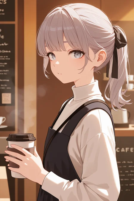 masterpiece, best quality, absurdres, safe
1girl, lapwing, grey hair, grey eyes, ponytail, hair ribbon,
pinafore dress, strap, turtleneck,
looking at viewer, from side,
holding coffee cup, cafe
<lora:lapwing_il_2_d16:1>