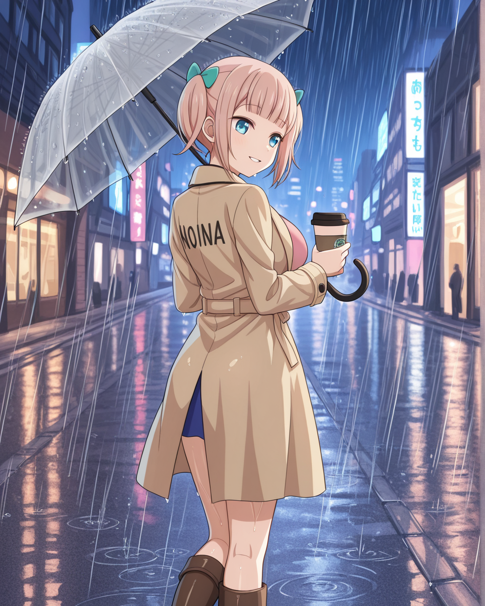 masterpiece, best quality, 1girl, solo, fujiwara_moeha, blue eyes, short hair, pink hair, blunt bangs, twintails, bikini, hair bow, smile, parted lips, large breasts, <lora:Fujiwara_Moeha_Kaguya-sama_Love_Is_War_Illustrious:1>, wet, raining, holding umbrella, outdoors, street, night, city, walking, looking back, coat, holding disposable coffee cup, skirt, knee knee boots, clothes writing, pink top,