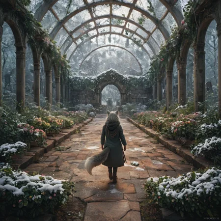 score_9, score_8_up, score_7_up,  fullbody, 1girl, furry, anthro, gray fur, wolf tail, wolf, solo, fullbody, backview, looking arround in wonder, masterpiece, best quality, very aesthetic, close up, gray hair, gray twin braids, green eyes, standing in the ruins of botanic garden with glass ceiling, overgrown, trees, frozen flowers, plants,  broken glas, snow patches ray of light, dark sky, low light, white snow, (postapocalyptic city), d, dark, worried, concerne, ragged winter clothes