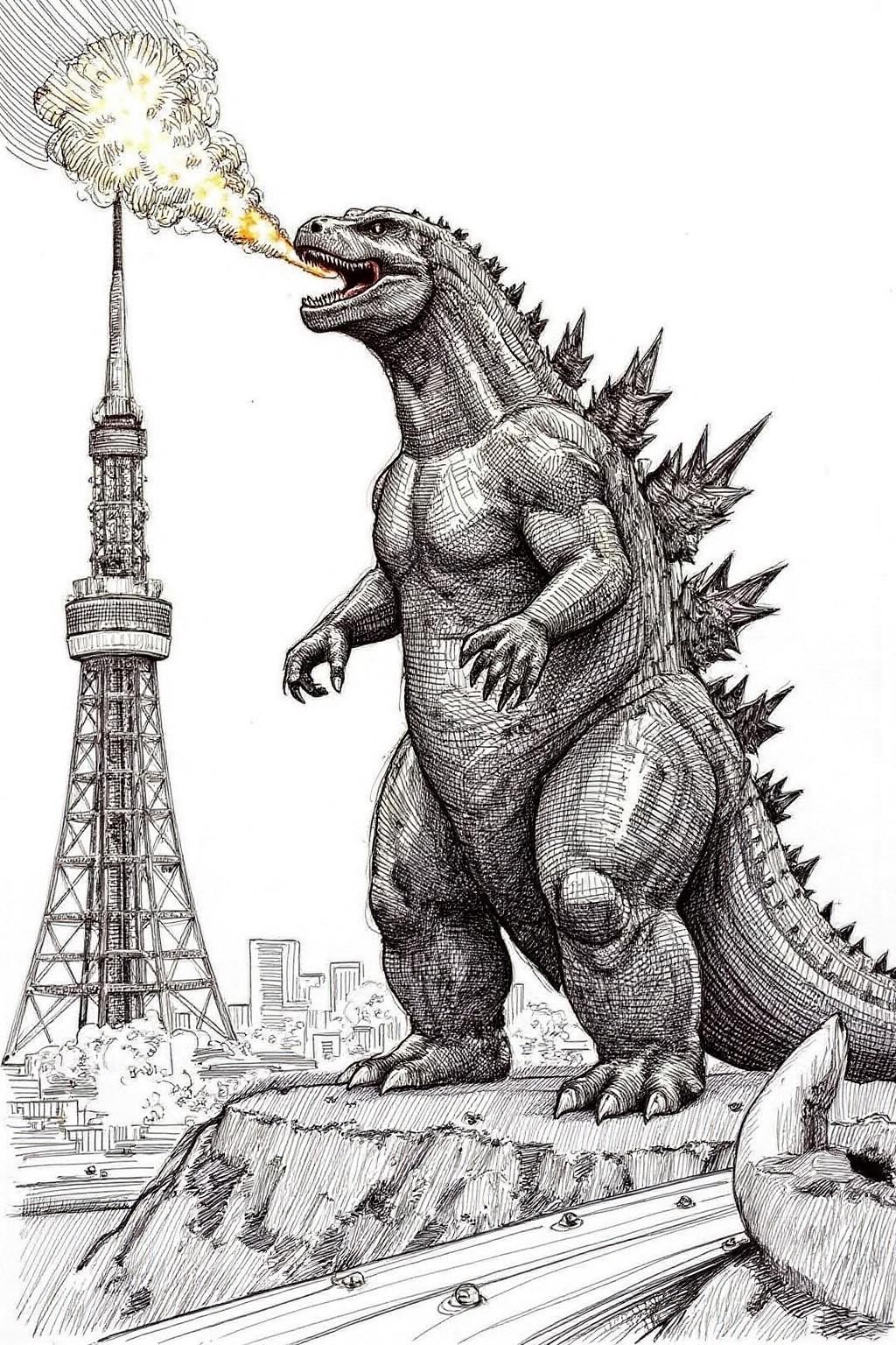 crosshatch black and white drawing of Godzilla breathing fire on Tokyo Tower. <lora:crosshatch2_nocap_d6a3:1.0><lora:809156291068108367:0>