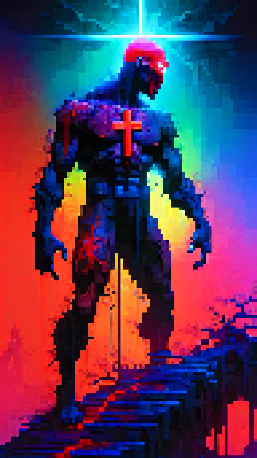 pixel art, 64 bit, fighting game style masterpiece, best quality, ultra realistic,32k,RAW photo, detail skin, 8k uhd, dslr, high quality, film grain, \nShort and messy hair, dynamic, vibrant, action-packed, detailed character design, reminiscent of fighting video games, black bloody veins growing and intertwining out of the darkness, oozing thick neon rainbow blood, veins growing and pumping blood, vascular networks growing, connecting, expanding, red veins everywhere, zdzislaw beksinski, (vibrant colors:1.1), (Repetition:1.1), (Cross-hatching:1.1), (Infrared:1.2), Rust, Hypercube, ultra detailed, intricate, oil on canvas, ((dry brush, ultra sharp)), (surrealism:1.1), (disturbing:1.1), beksinski style painting, sparks, lens flare, rim lighting, backlighting, RTX, Post Processing, satanic cross, man body, muscular, venom costume