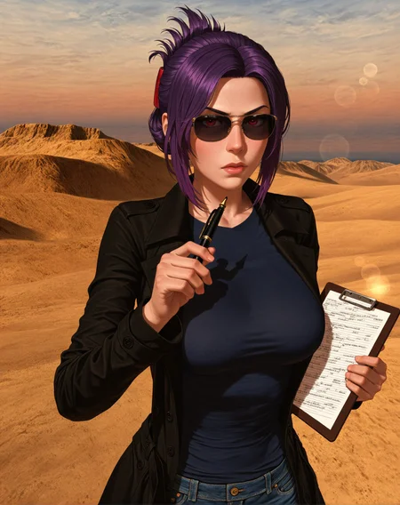 masterpiece, (realistic, scenery:1.3), outdoors, lens flare, best quality, amazing quality, very aesthetic, absurdres, newest, n0m0, sfw, 1girl, solo, sabia, human, purple hair, red eyes, folded ponytail, sunglasses, open long black trench coat, plain blue t-shirt (no logos, no text), blue jeans, black boots, large breasts, confident body language, (holding petition clipboard toward viewer:1.4), (pen in hand, asking to sign:1.4), (serious but composed expression:1.2), upper body, slightly leaned forward, cinematic POV, hot dry sunset lighting, soft sand underfoot, ocean behind, dry wind blowing coat edges, dramatic sky, rim lighting on face, intense desert air atmosphere <lora:dmd2_sdxl_4step_lora:1>, <lora:POSTAL_2_Style_Lora_V1.0_ILXL_DIM16_E04:1>, <lora:KOD_dtv5r__for_Illustrious_v0.1__Adafactor:0.35>