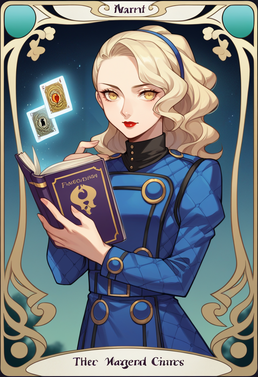 score_9, score_8_up, score_7_up, source_anime BREAK 1girl, solo,   <lora:zs_MargaretXL:1> margaretp4, blonde hair, long hair, yellow eyes, headband, dress, long sleeves, black pantyhose, high heels, lipstick, tarot card, holding book, royal blue theme