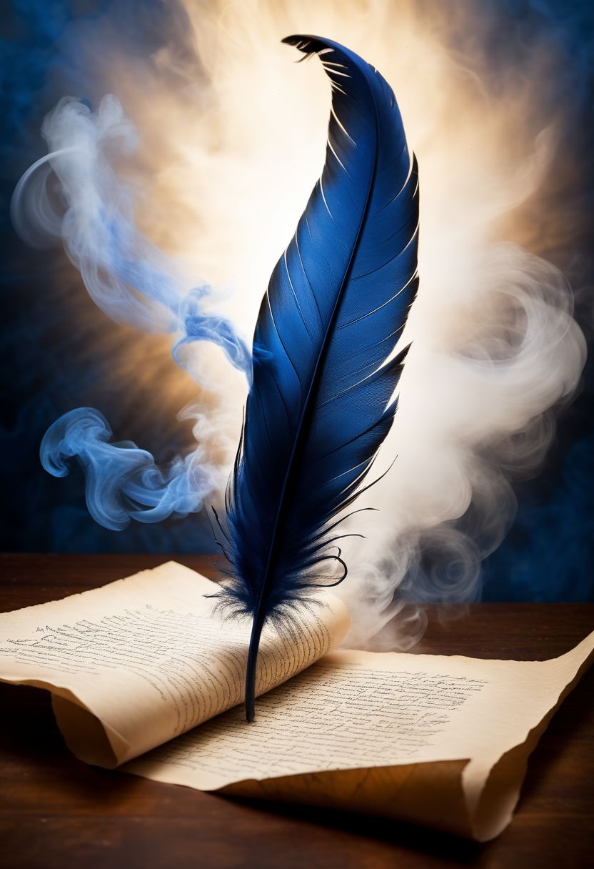 mysterious phoenix feather gliding through the air, feather dissolving into smoke, single drop of deep blue ink dropping from the tip of the feather into a half full ink pot while an old piece of aged paper scroll with beautiful writing and burning edges is hovering in the middle of it all, lightrays backlighting glorious feather, burning paper scroll dissoliving into smoke, lightrays backlighting smoke, fading blue red background, by Minjae Lee, Carne Griffiths, Emily Kell, Steve McCurry, Geoffroy Thoorens, Aaron Horkey, Jordan Grimmer, Greg Rutkowski, amazing depth, double exposure, surreal, geometric patterns, intricately detailed, bokeh,  perfect balanced, deep fine borders, artistic photorealism , smooth,  great masterwork by Suiras  <lora:add-detail-xl:2>  <lora:Double_Exposure:0.5>