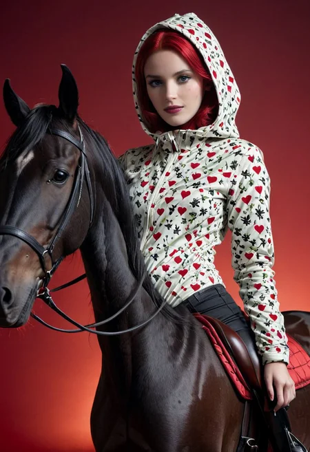 A shrouded Silhouette in darkness of a blushed slightly light smiling riding woman in Argyle/caro printed bodysuit with camo-white Camouflage hooded parka, riding a black glossy horse, a scene with vibrant red and black details, White Makeup, very detailed, atmospheric haze, Film grain, cinematic film still, shallow depth of field, highly detailed, high budget, cinemascope, moody, epic, OverallDetail, 2000s vintage RAW photo, photorealistic, candid camera, color graded cinematic, eye catchlights, atmospheric lighting, imperfections, natural, shallow dof