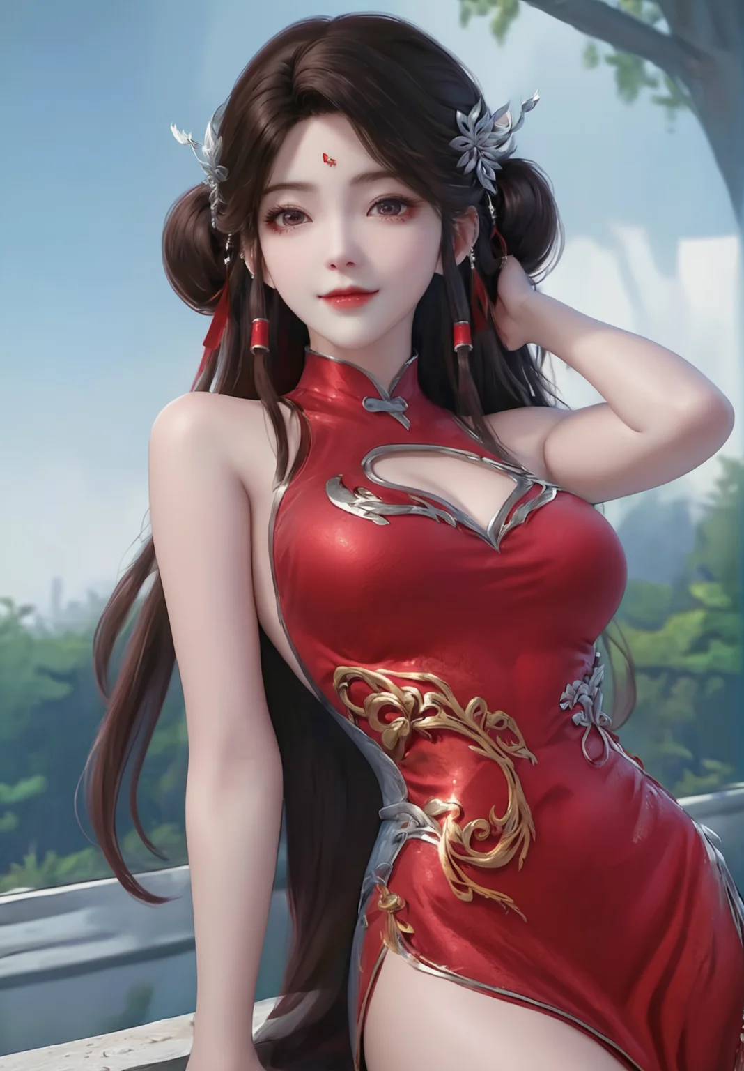 looking_at_viewer,cowboy_shot,(hand_on_shoulder:1.4),1girl,solo,dress,(face light:1.5),hair ornament,portiart,from front,masterpiece,(best quality),official art,extremely detailed cg 8k wallpaper,((crystalstexture skin)),(extremely delicate and beautiful),solo,photo_\(medium\),hiqcgbody,chinese background,(smile:0.8),red cheongsam,eye-contact,jewelry,long hair,<lora:huolinger_V2-000008:1>,