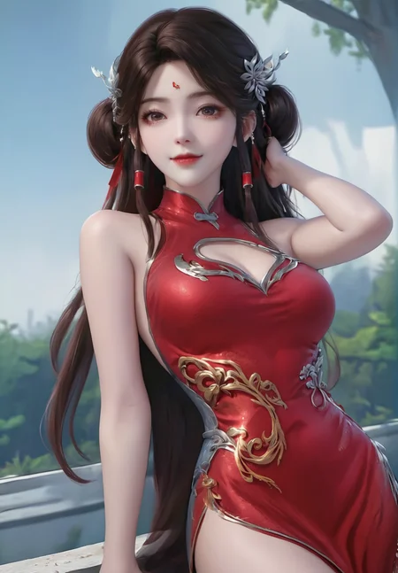 looking_at_viewer,cowboy_shot,(hand_on_shoulder:1.4),1girl,solo,dress,(face light:1.5),hair ornament,portiart,from front,masterpiece,(best quality),official art,extremely detailed cg 8k wallpaper,((crystalstexture skin)),(extremely delicate and beautiful),solo,photo_\(medium\),hiqcgbody,chinese background,(smile:0.8),red cheongsam,eye-contact,jewelry,long hair,<lora:huolinger_V2-000008:1>,